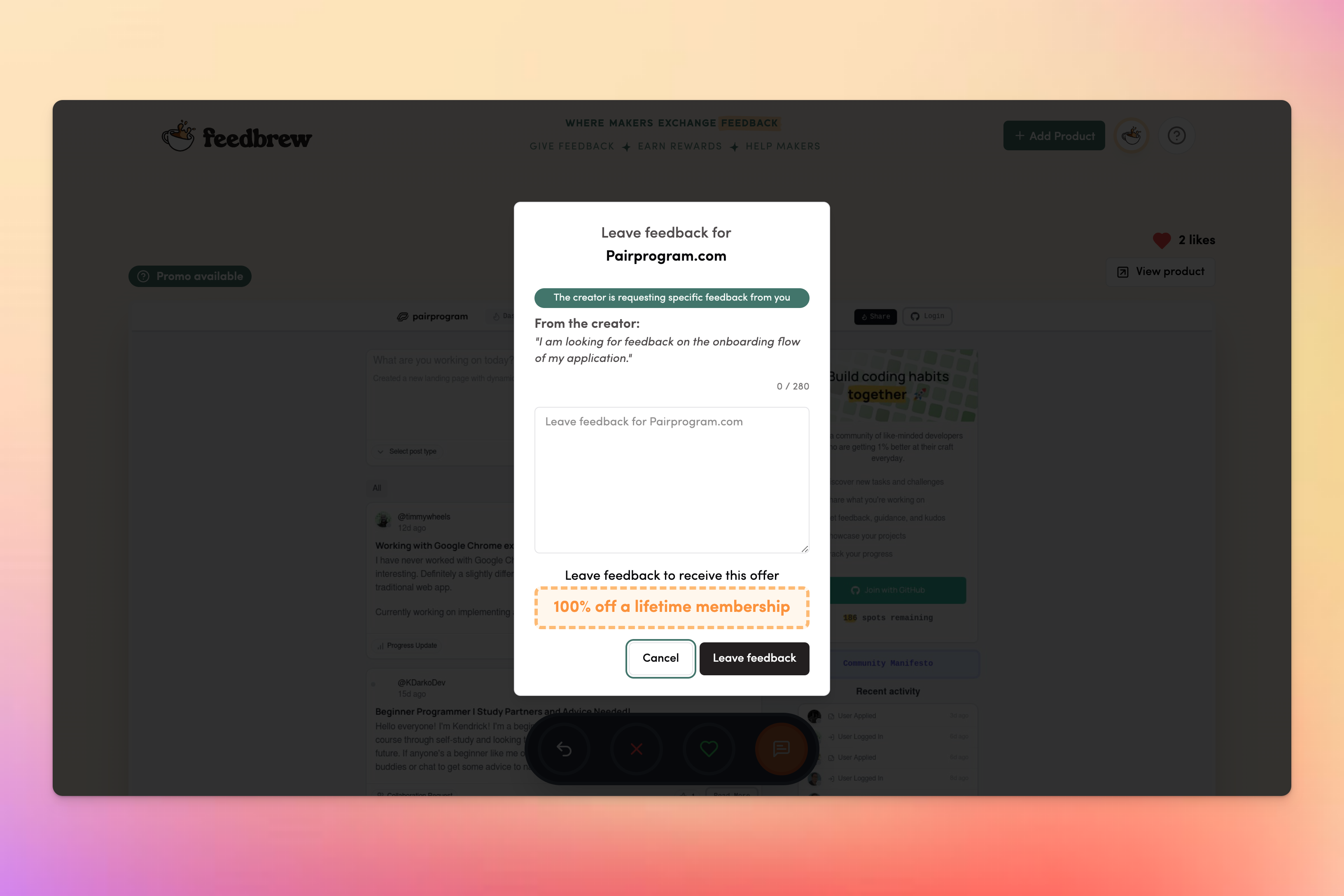 Mídia 3 de Feedbrew.com - Meio que o Tinder, mas para projetos paralelos