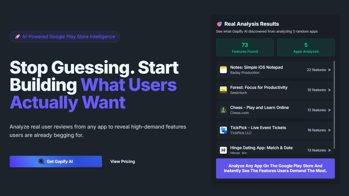 Média GAPIFY AI - Trouver les fonctionnalités de l'application manquantes de réels avis des utilisateurs dans les minutes 1