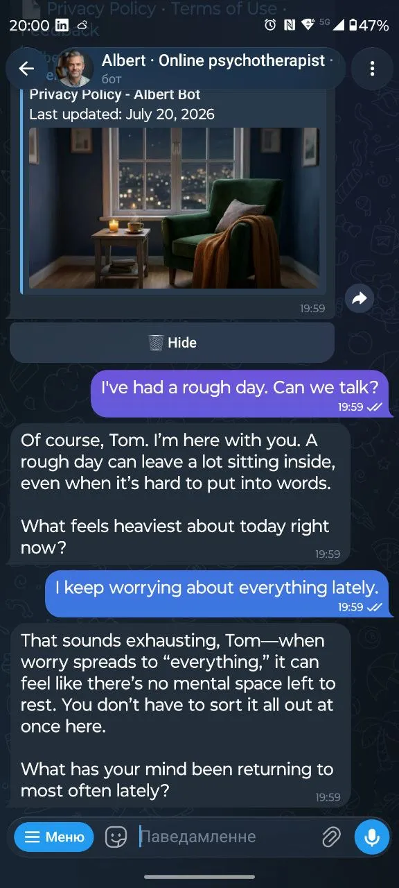 AI psychotherapist Albert · Telegram bot 截图 3