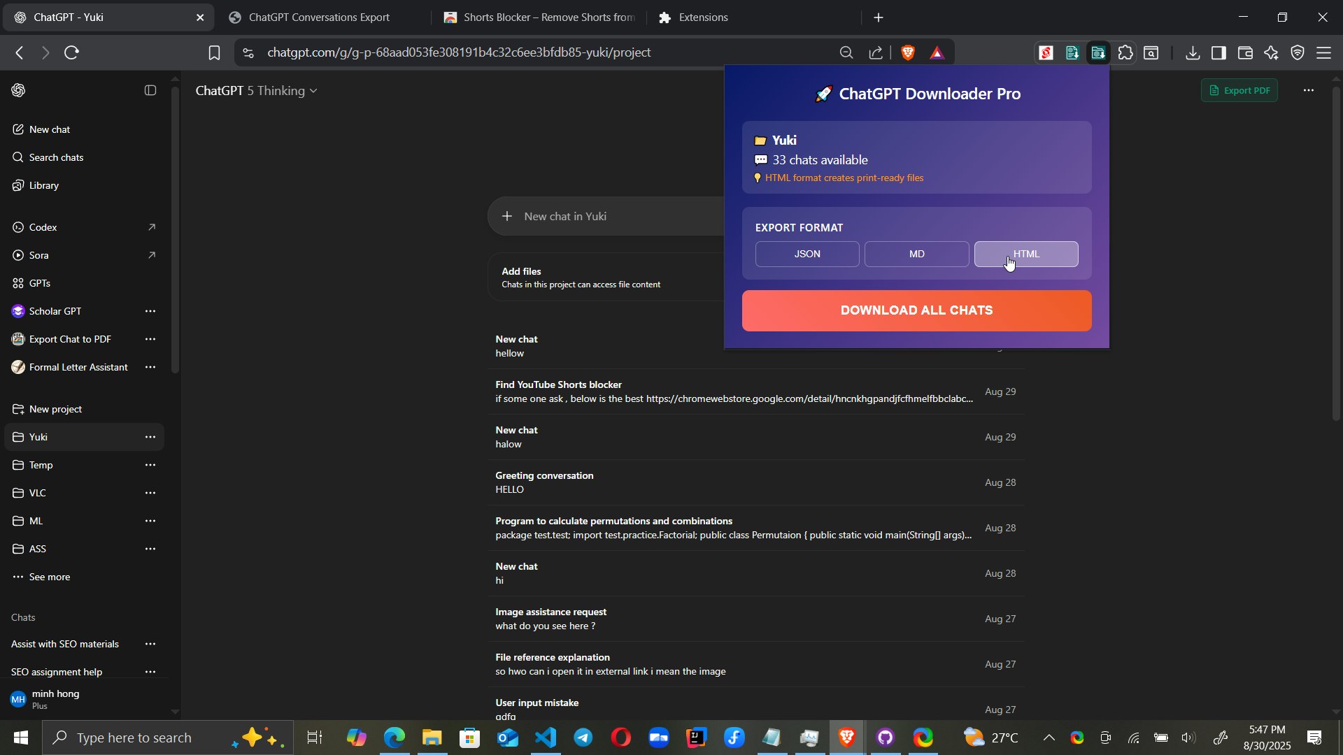 Mídia 3 de Downloader de pasta ChatGPT Pro - Exporte todos os seus chats ChatGPT com um clique - HTML, MD, JSON