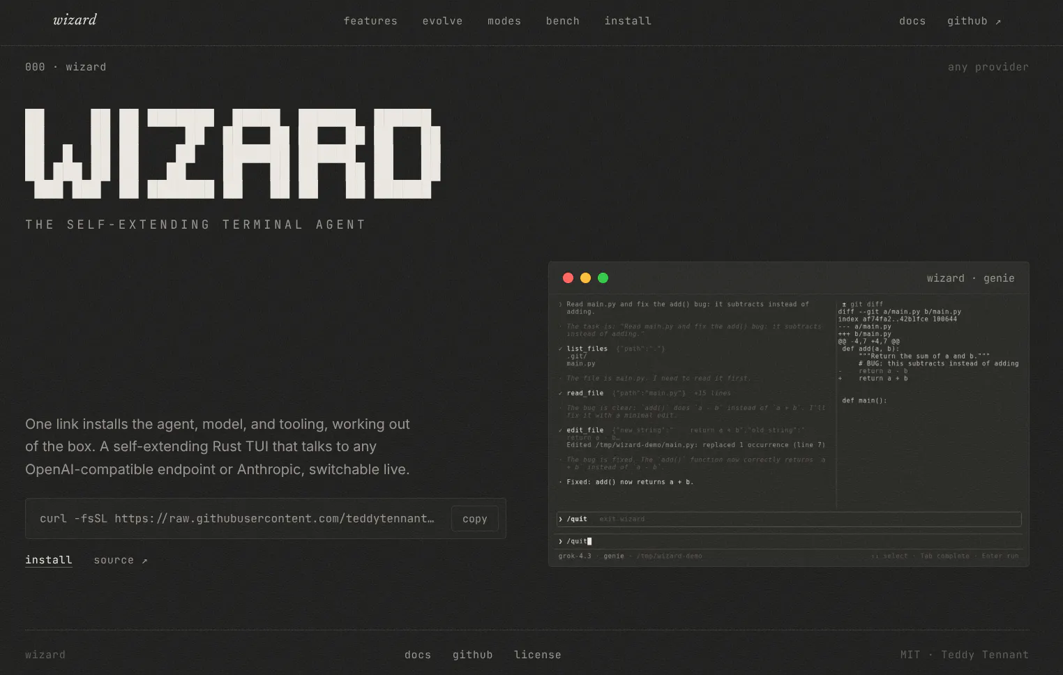 Wizard: self-extending coding agent gallery image