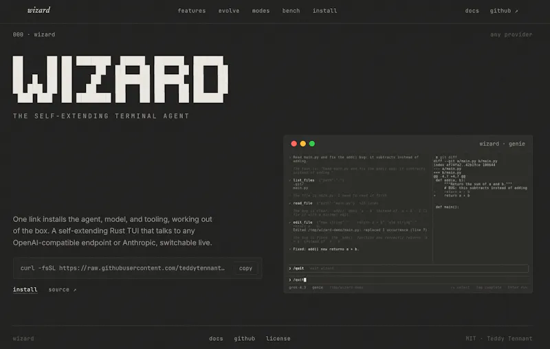 Wizard: self-extending coding agent screenshot 1