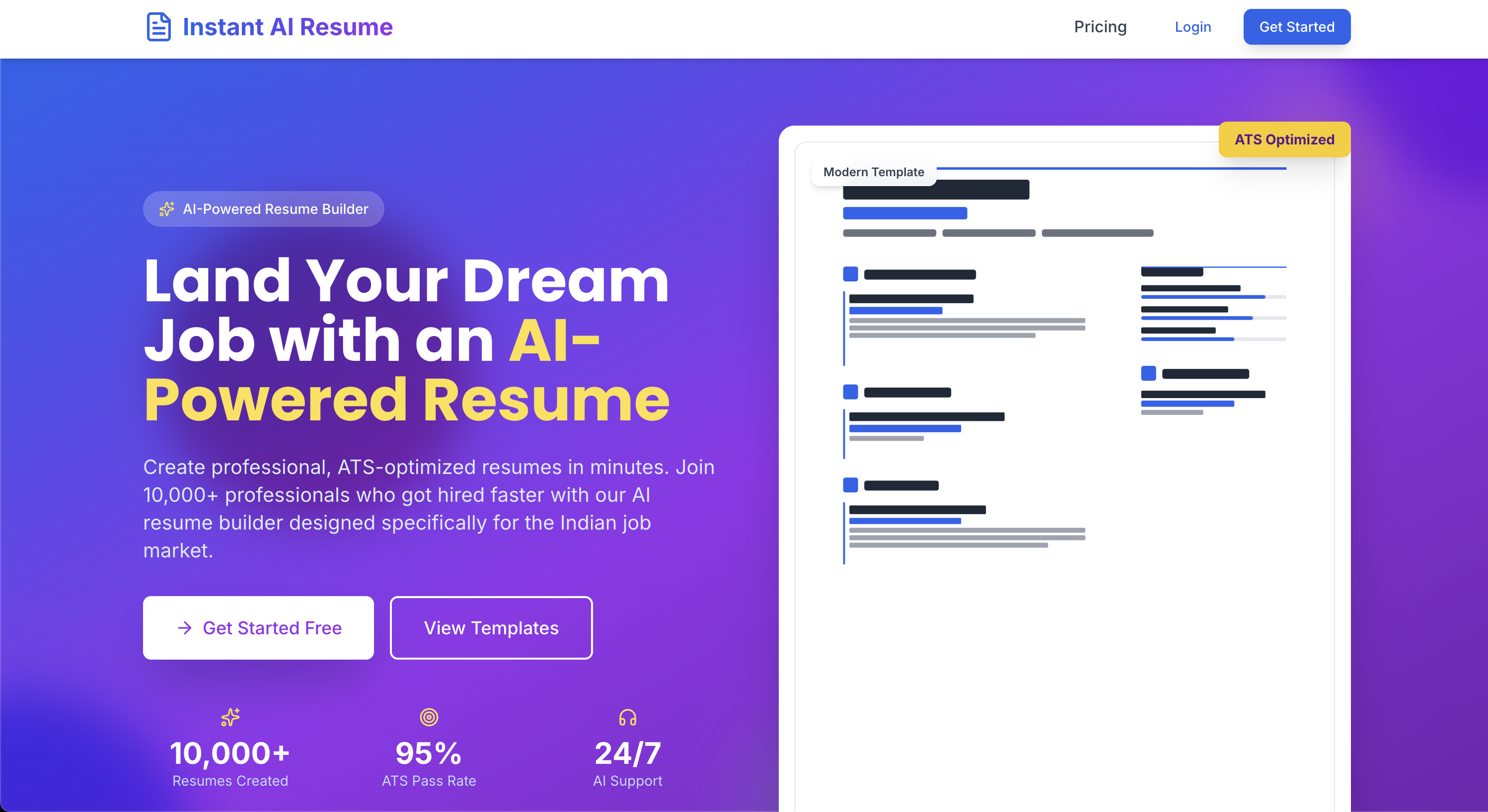 Instant AI Resume - Main screenshot showing features and interface