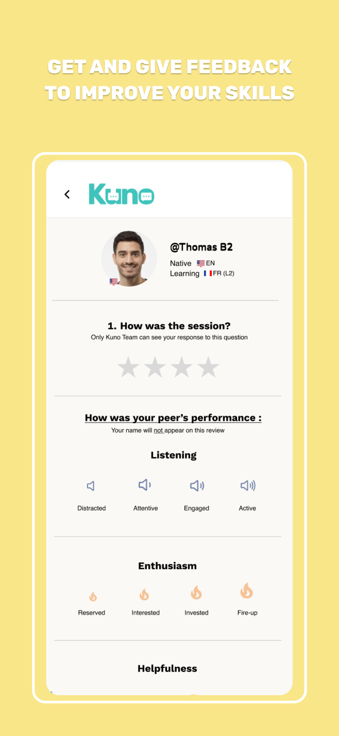 Kuno - App di pratica linguistica peer-to-peer con conversazioni reali media 5