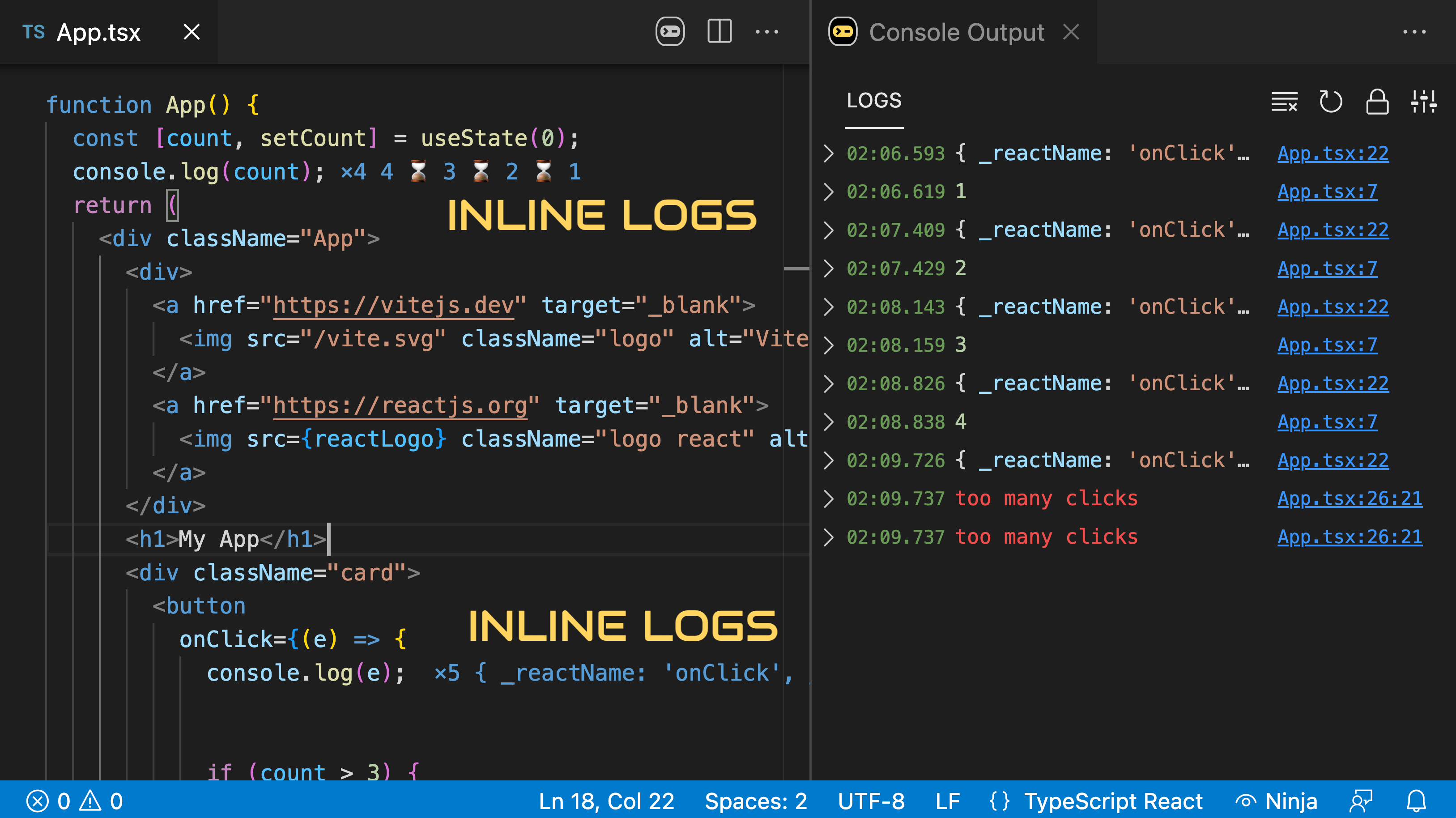 控制台忍者 - JavaScript Console.Log输出和代码旁边的错误媒体2