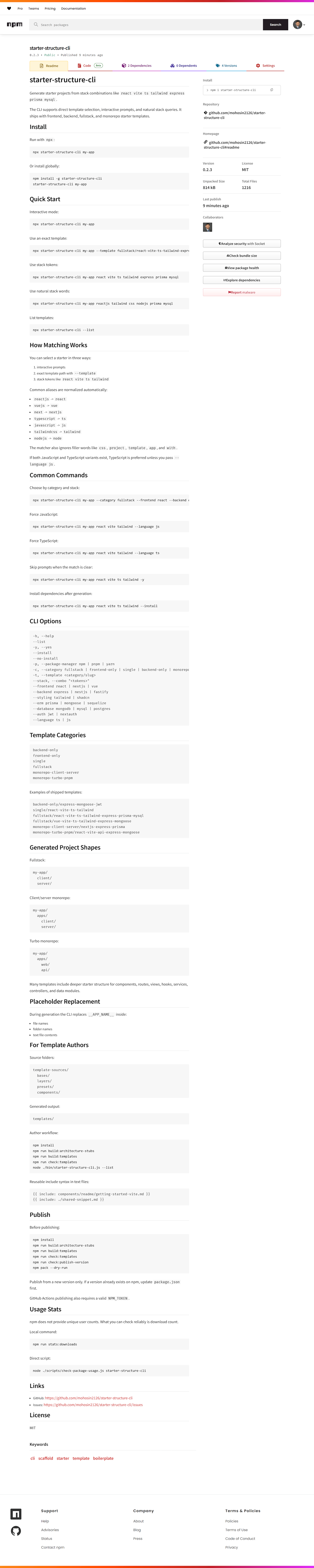 Starter Structure CLI - Main product screenshot demonstrating key features and user interface