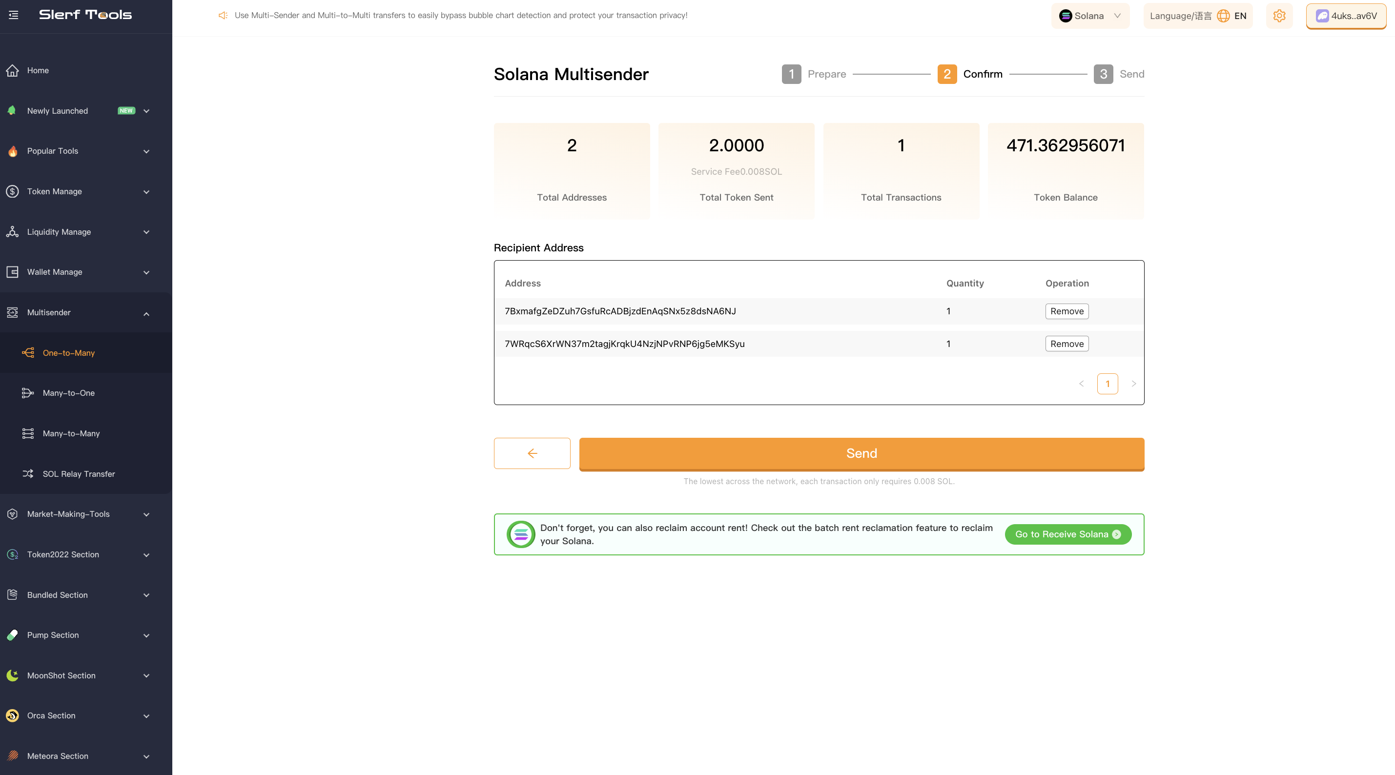 Solana multisenter - Breng Sol en SPL -tokens over van 1 portemonnee naar multi -portefeuilles. media 4