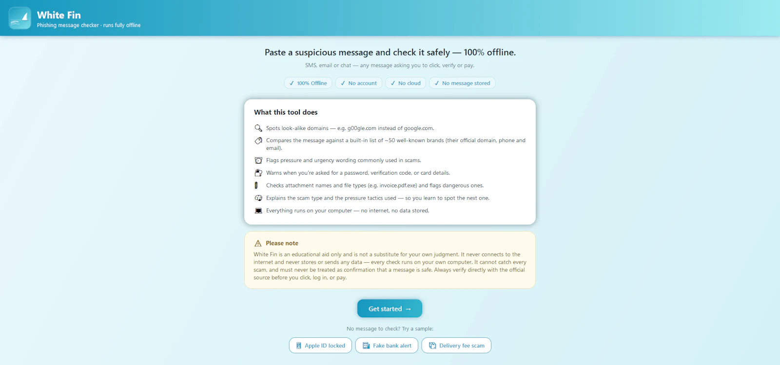 White Fin — Offline scam checker screenshot 1