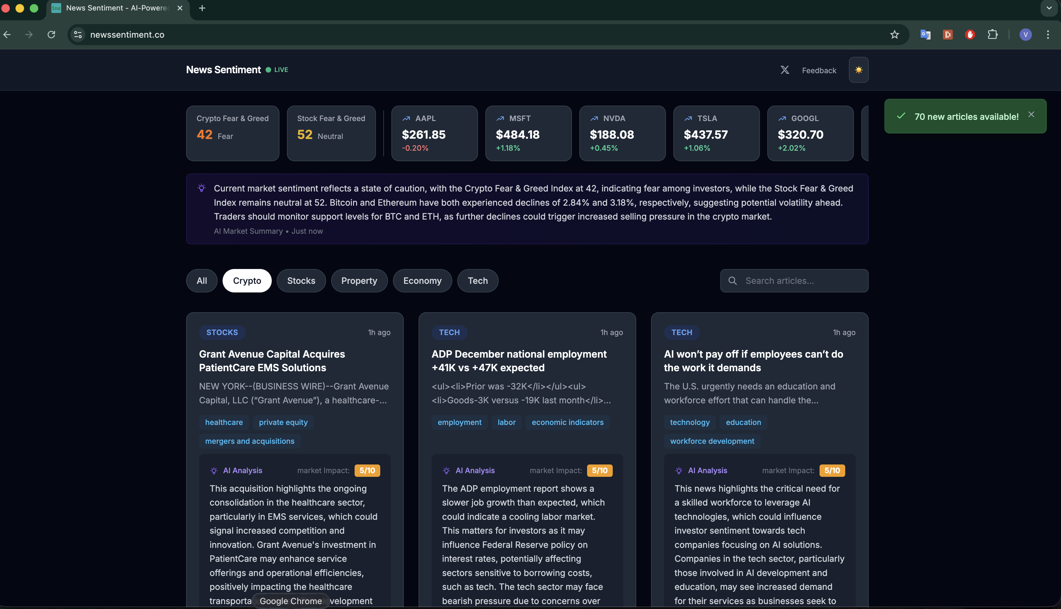 News Sentiment - Screenshot 2 showing product features and functionality