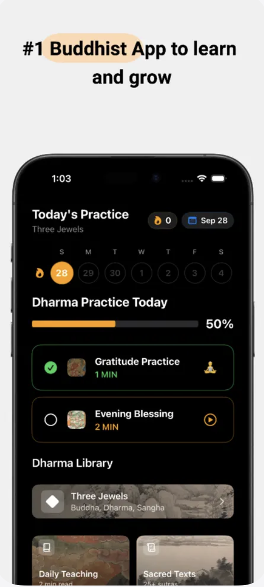 Free Meditation App: Gautama - Main screenshot showing features and interface