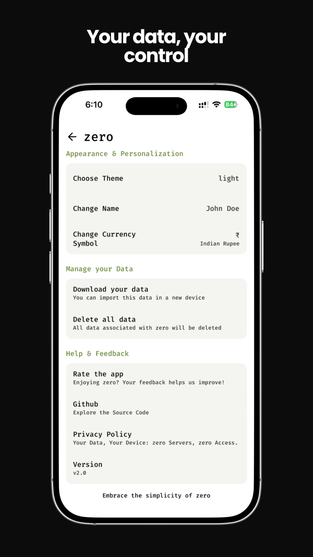 zero: private offline expense tracker - Screenshot 2 showing product features and functionality