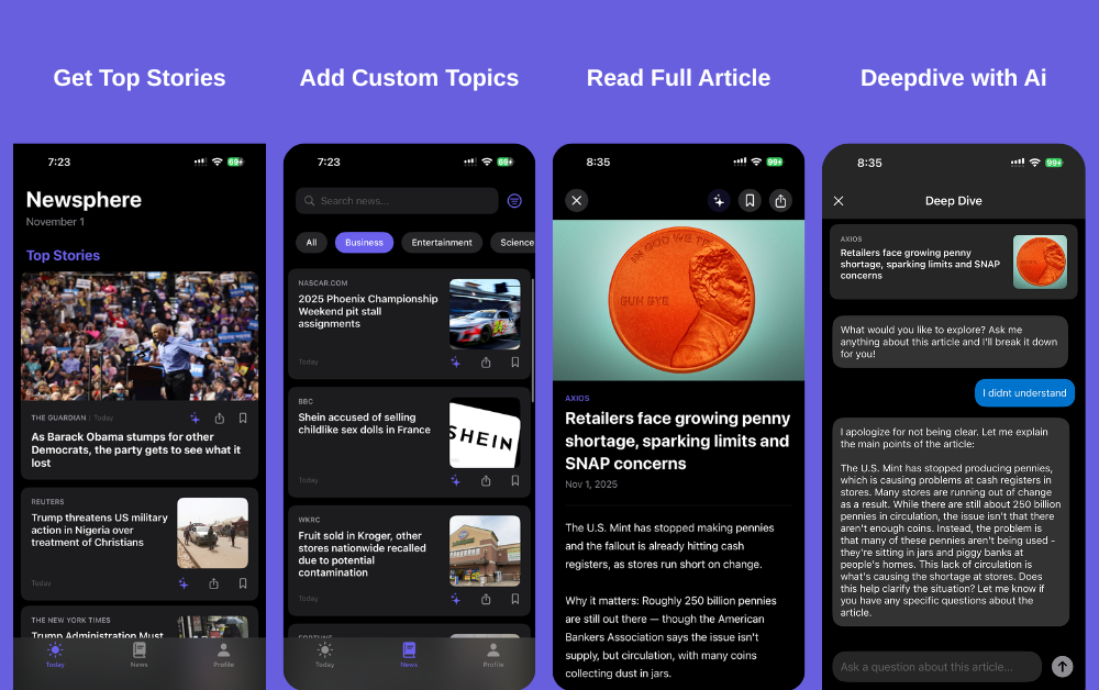 Newsphere - Main screenshot showing features and interface