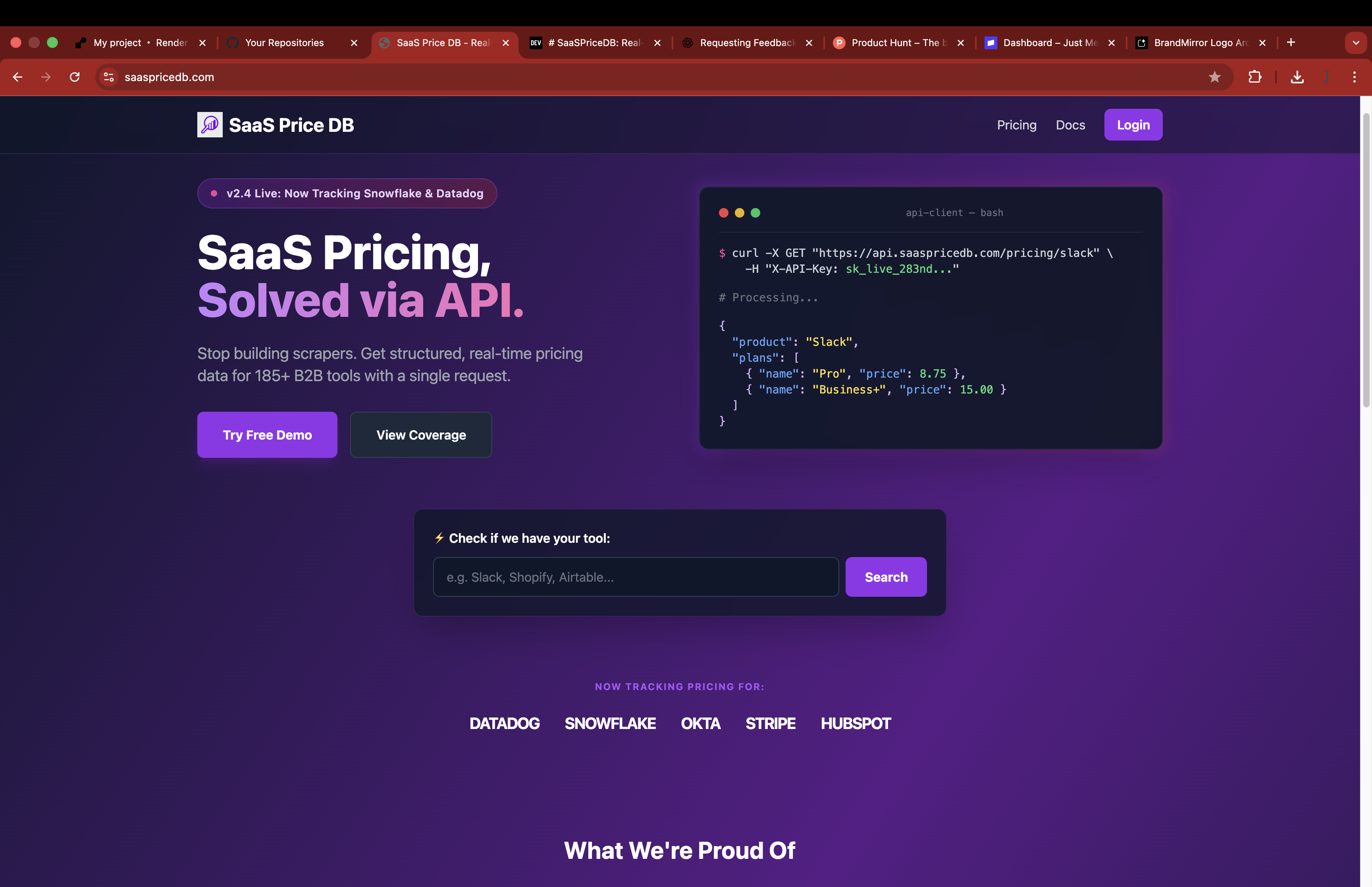 SaaS Price DB - Main product screenshot demonstrating key features and user interface