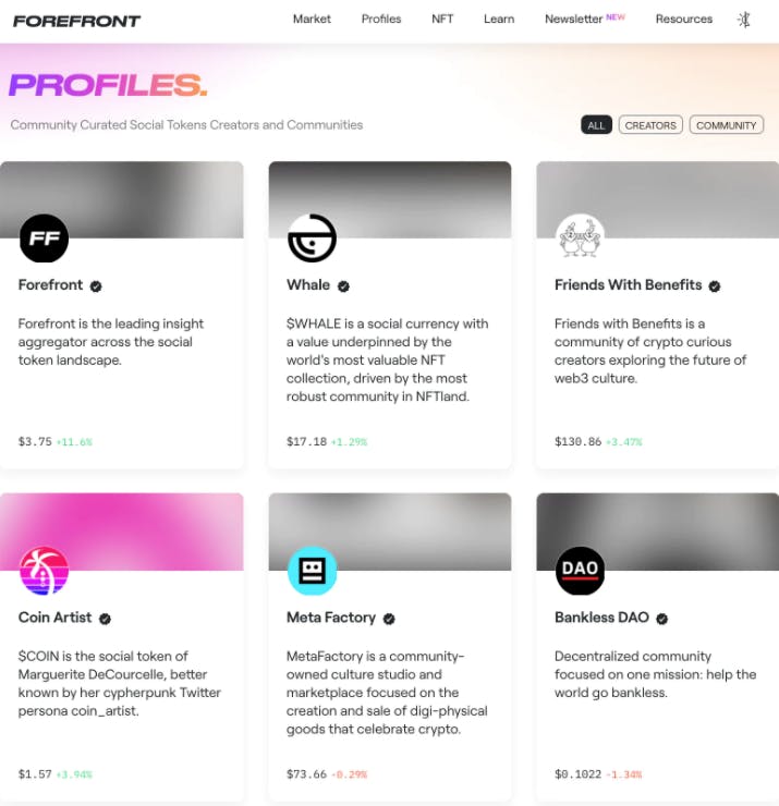 Forefront profiles page covering popular social tokens