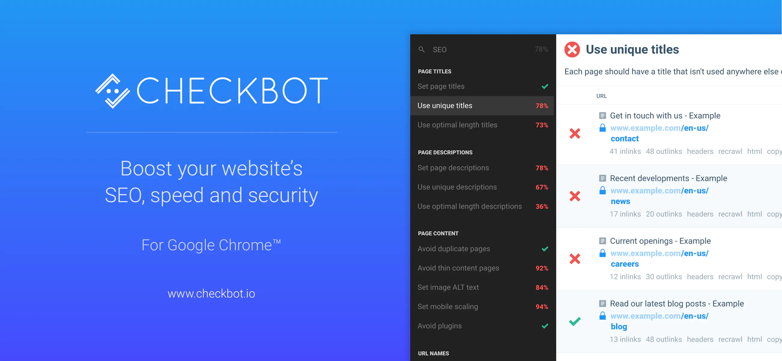 Checkbot for Chrome Beta: Check the SEO, speed & security of 100s of ...