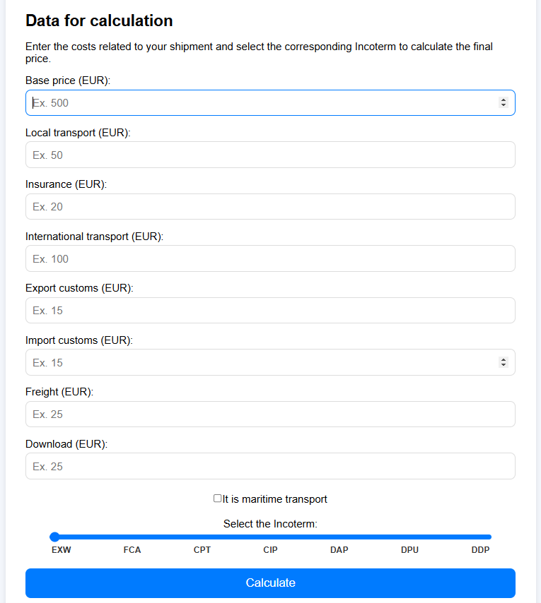 Calculadora de Incoterms screenshot 1