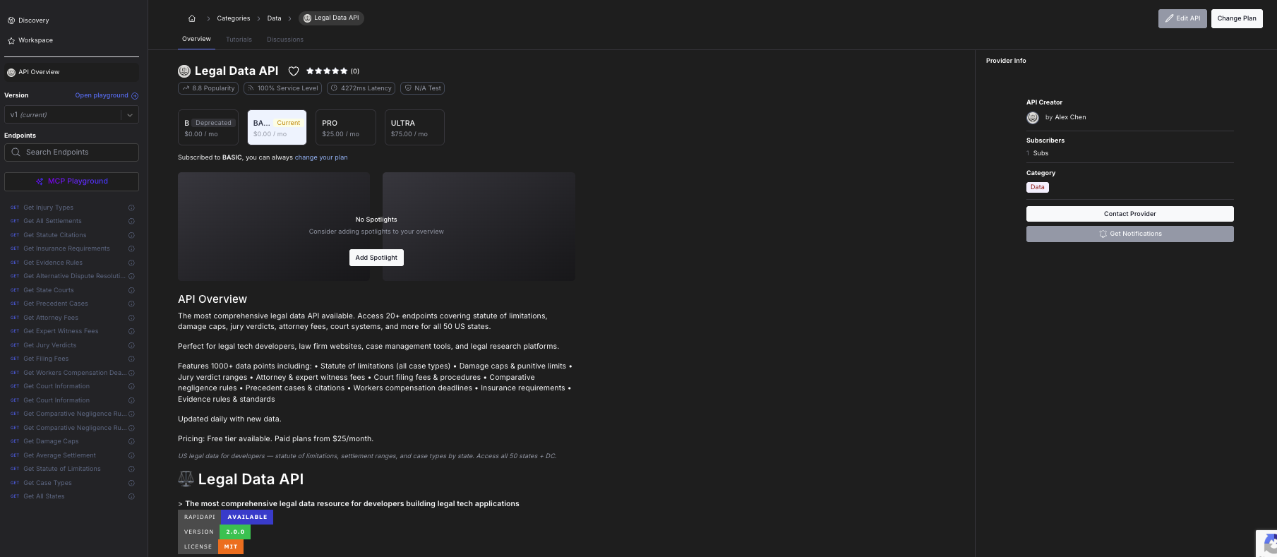 Legal Data API  - Main product screenshot demonstrating key features and user interface