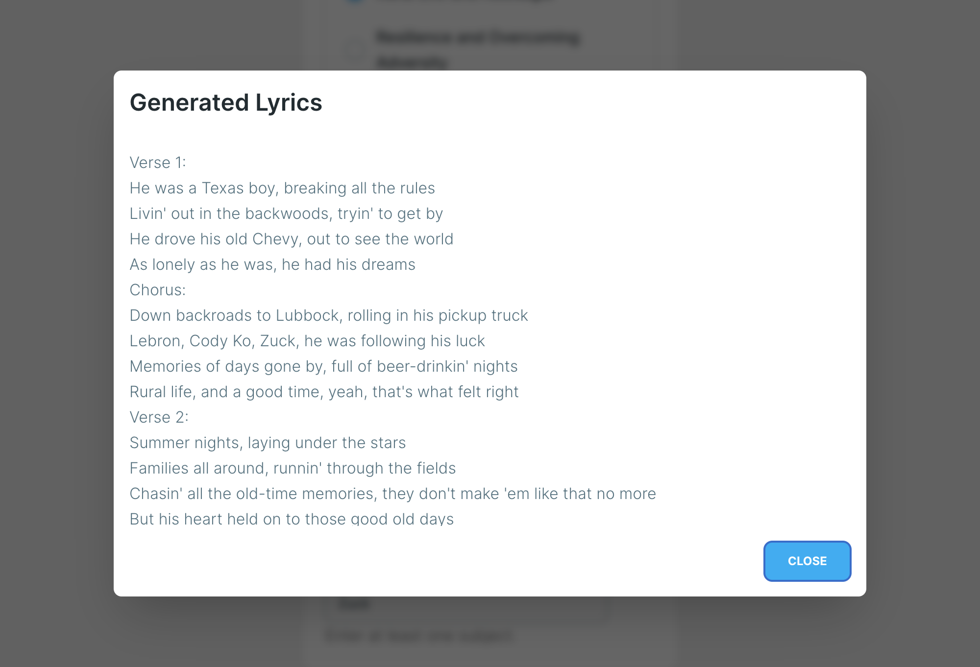Landteksten ai - Genereer teksten voor het volgende hit country song media 3