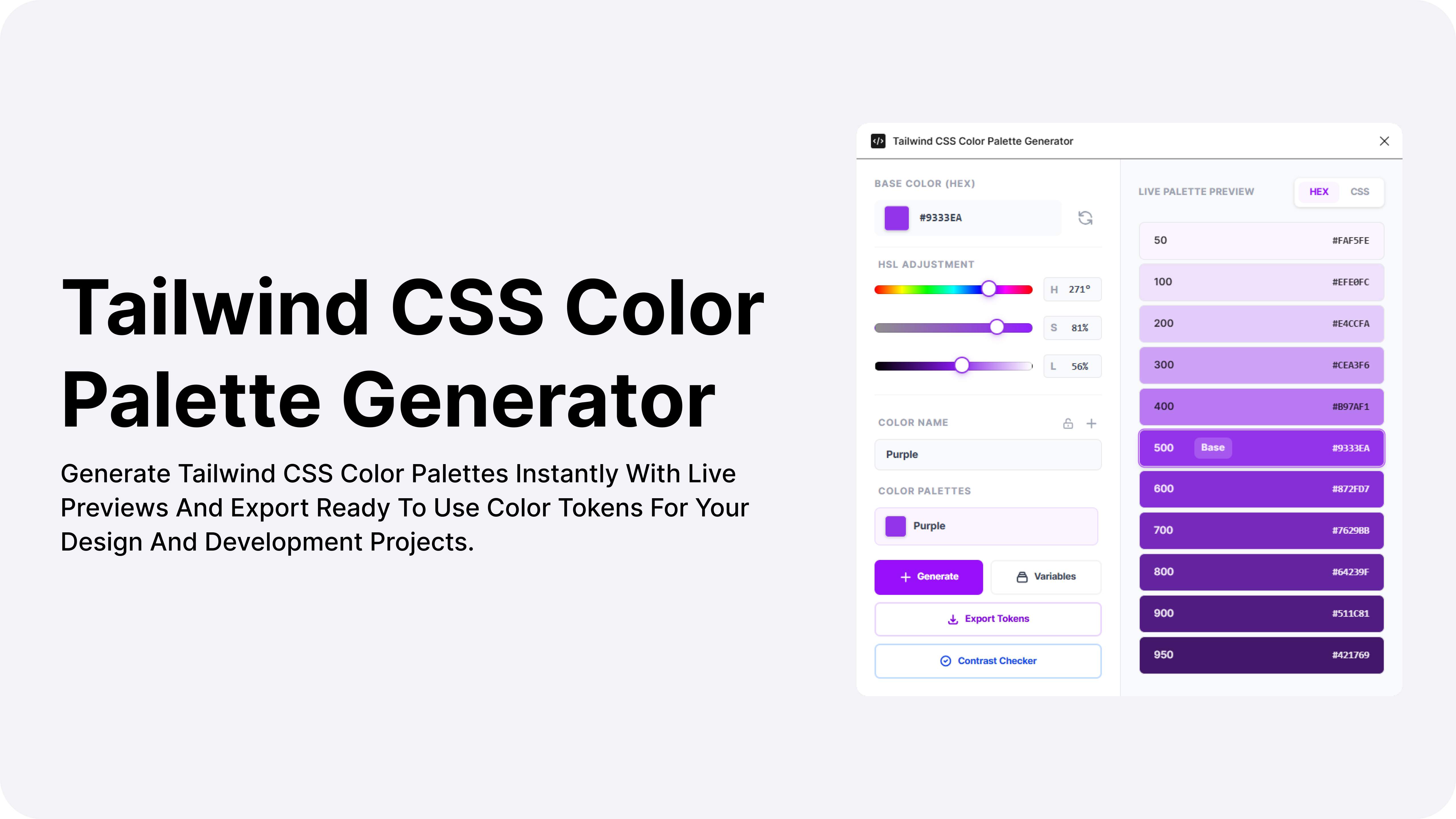 Tailwind CSS Color Palette Generator - Main product screenshot demonstrating key features and user interface