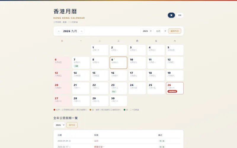 香港月曆 Hong Kong Calendar screenshot 1