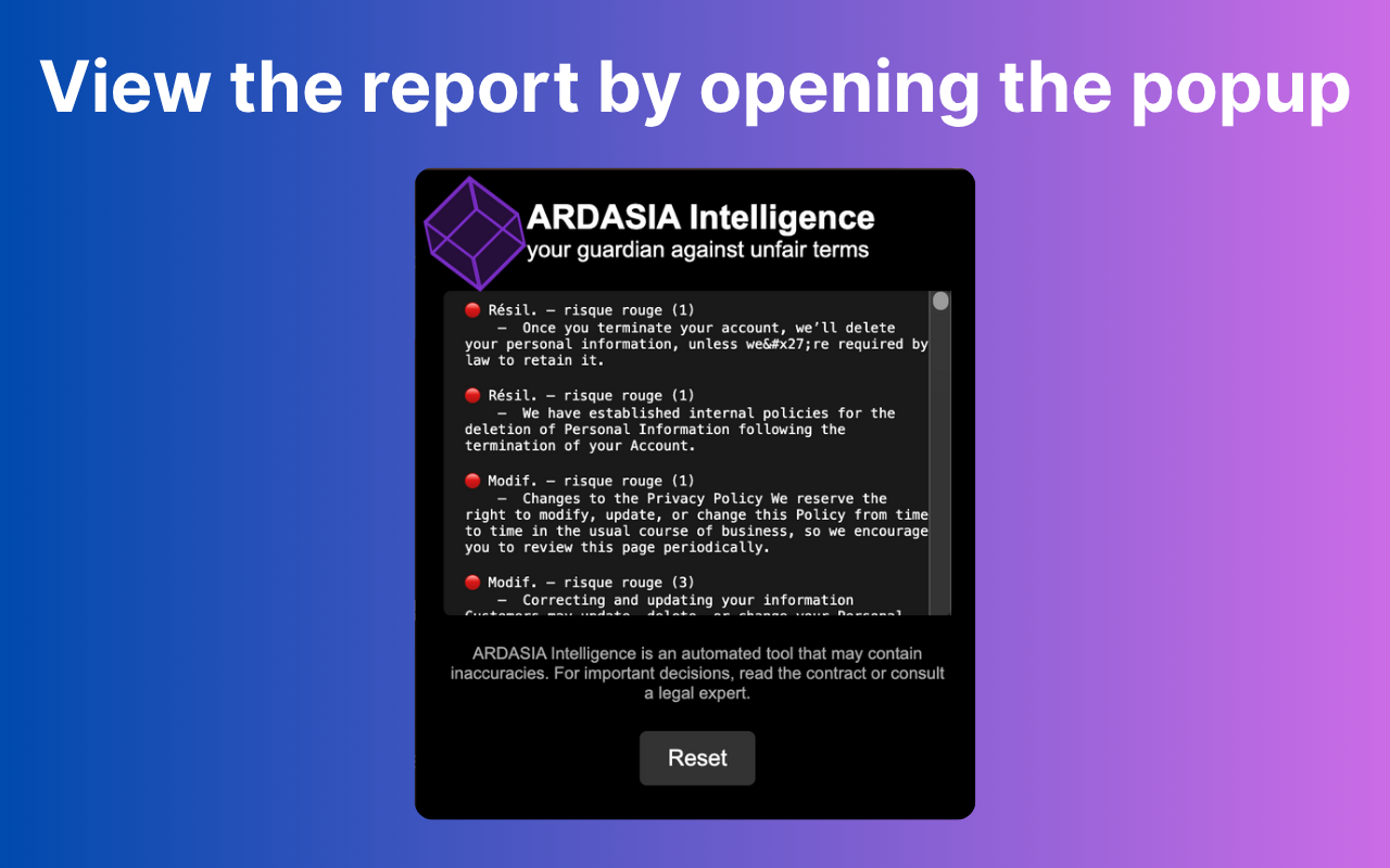 Ardasia intelligentie - Op menselijke op intelligentie gebaseerde contractanalysator Chrome Extension media 3
