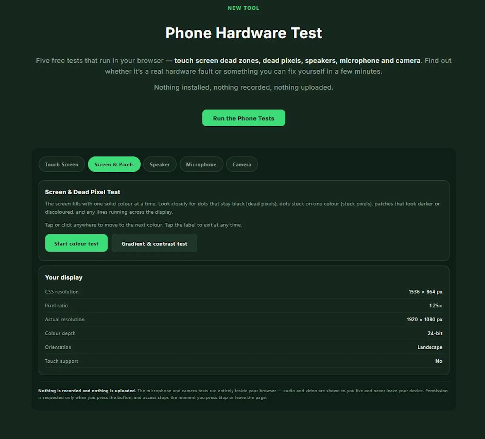 Phone Test browser-based hardware check screenshot 5