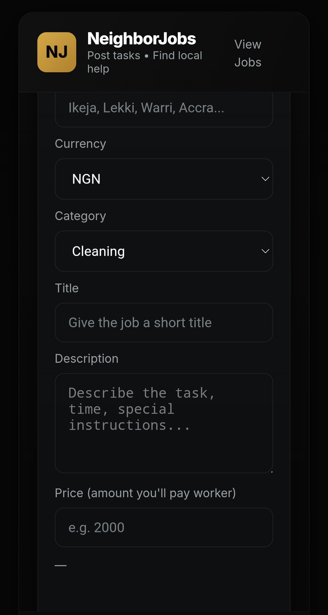 NeighborJobs — Post Job - Main screenshot showing features and interface