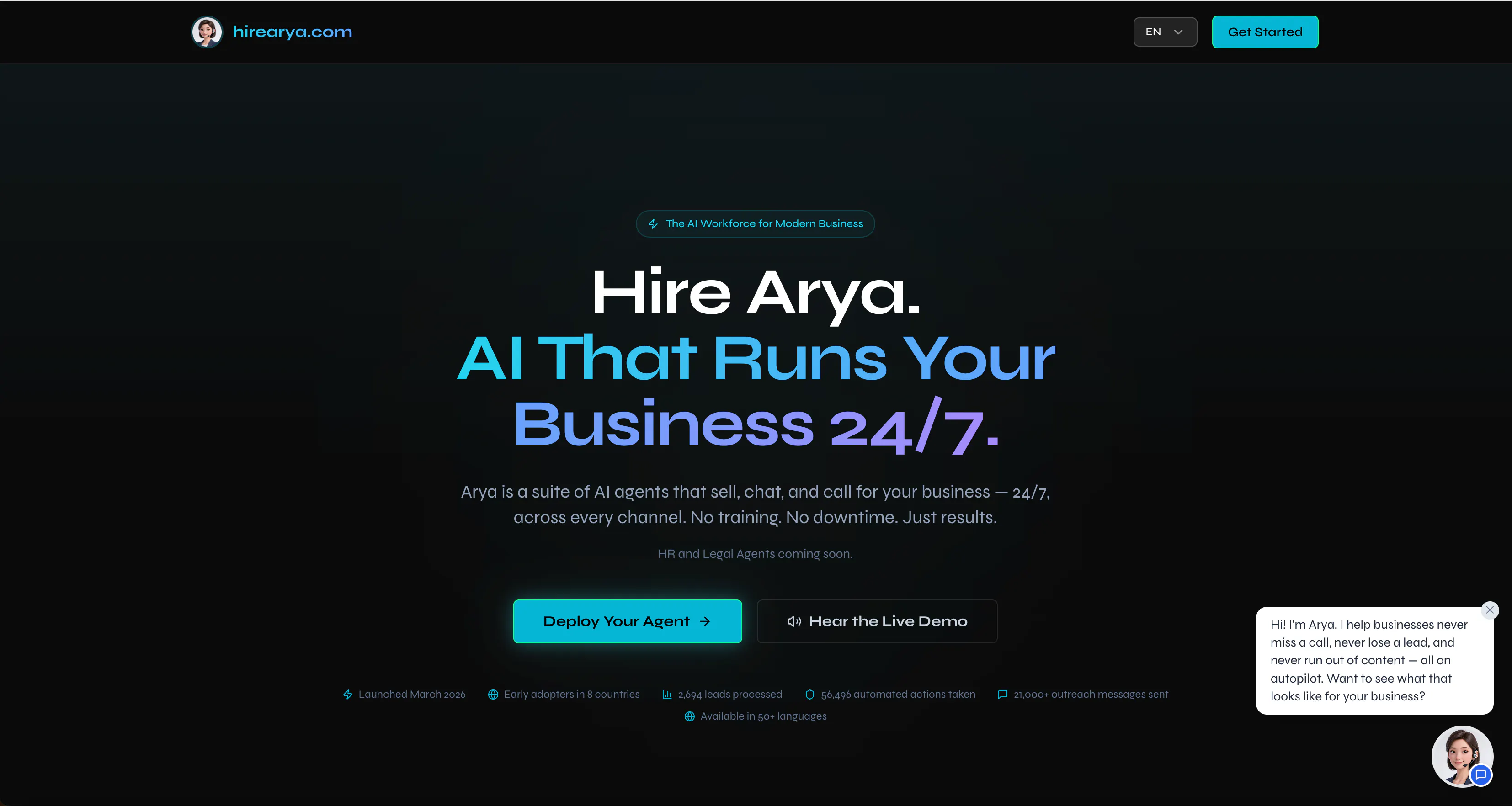 Arya— AI workforce for small businesses. 제품 배너