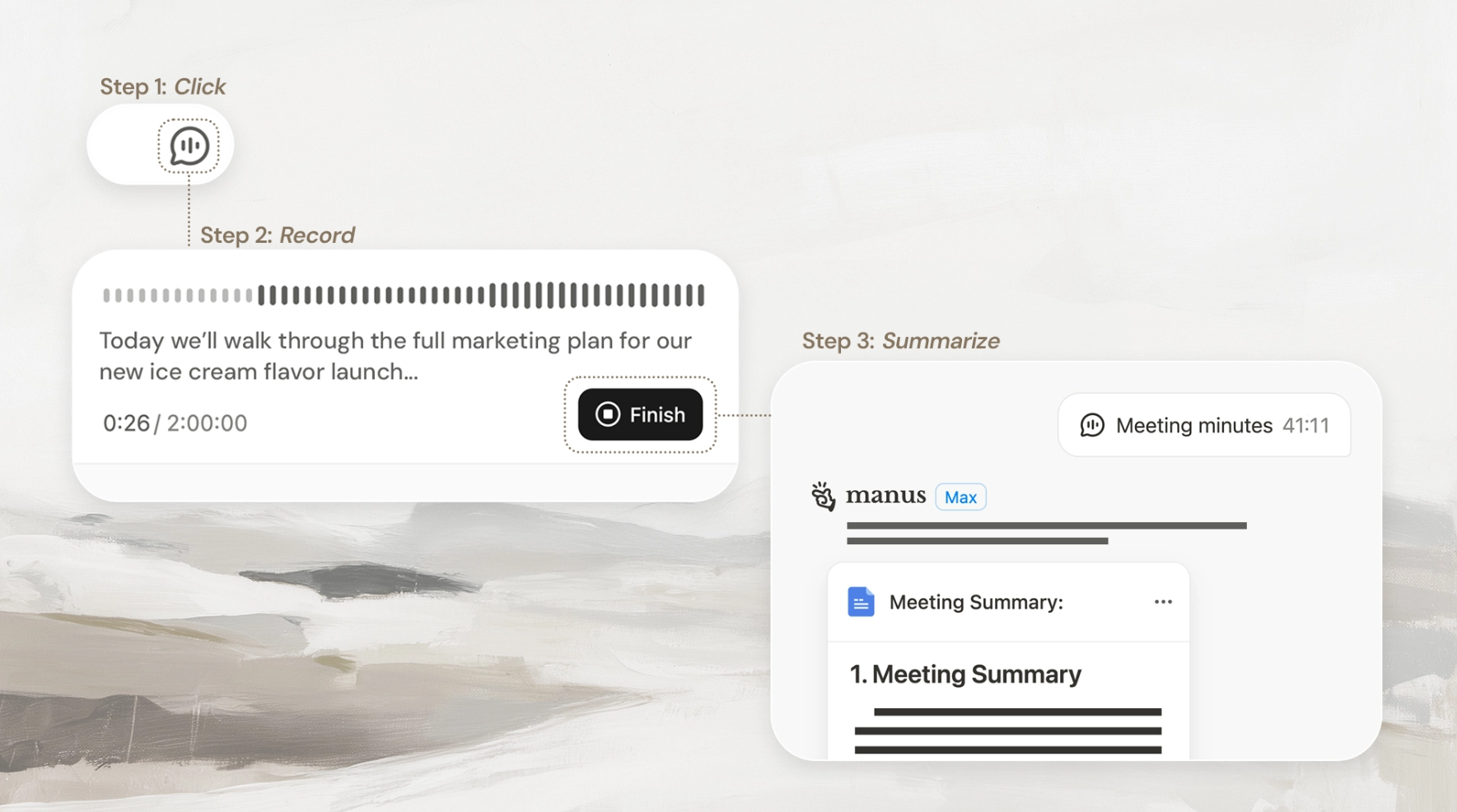 Manus Meeting Minutes - Main product screenshot demonstrating key features and user interface