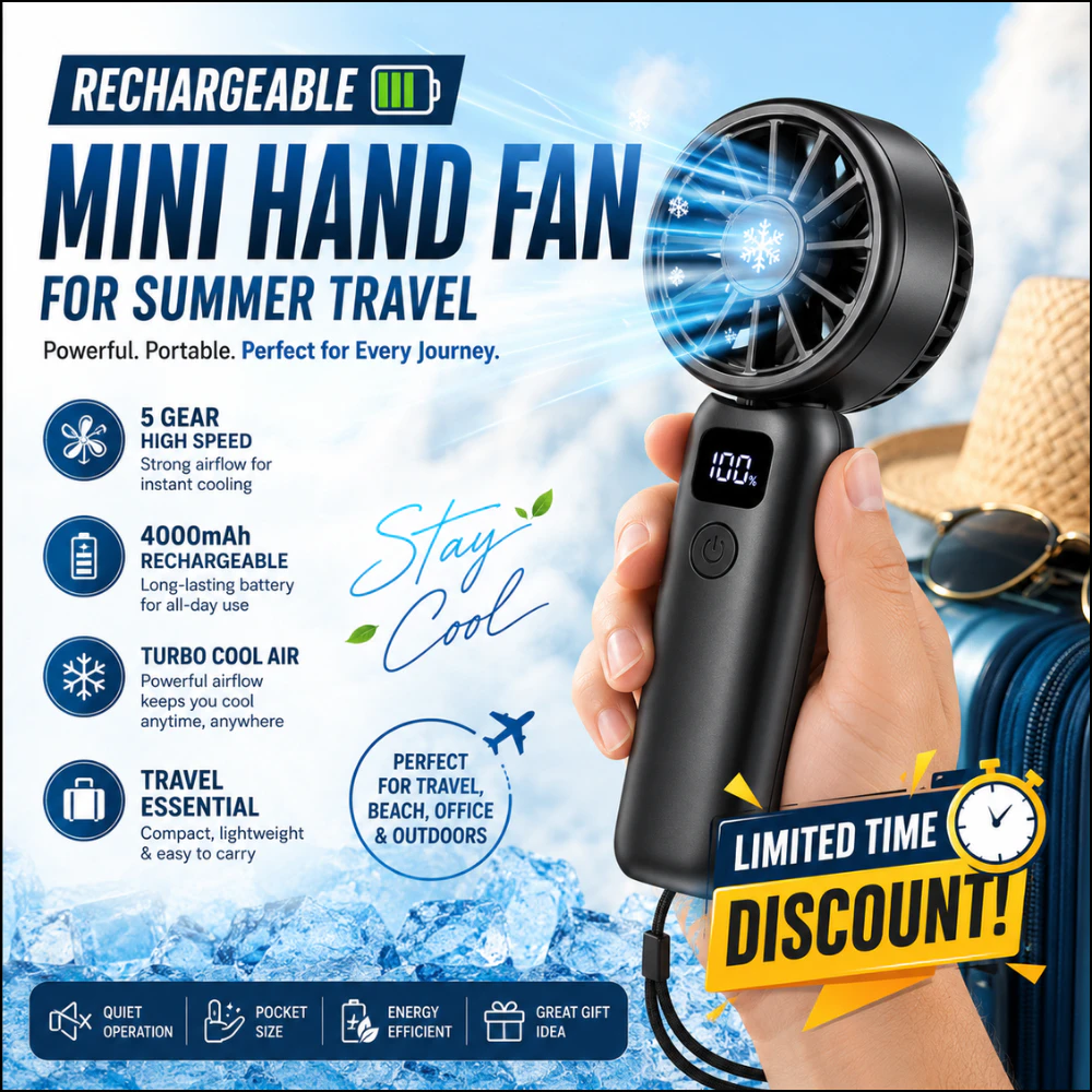 Rechargeable Mini Travel Hand Fan. logo