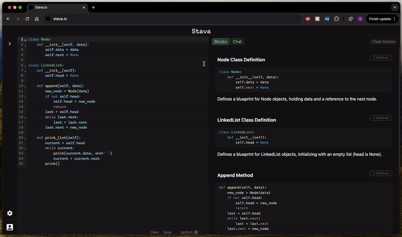 Mídia 2 de Stava.io - Um editor de código que enfatiza o aprendizado.