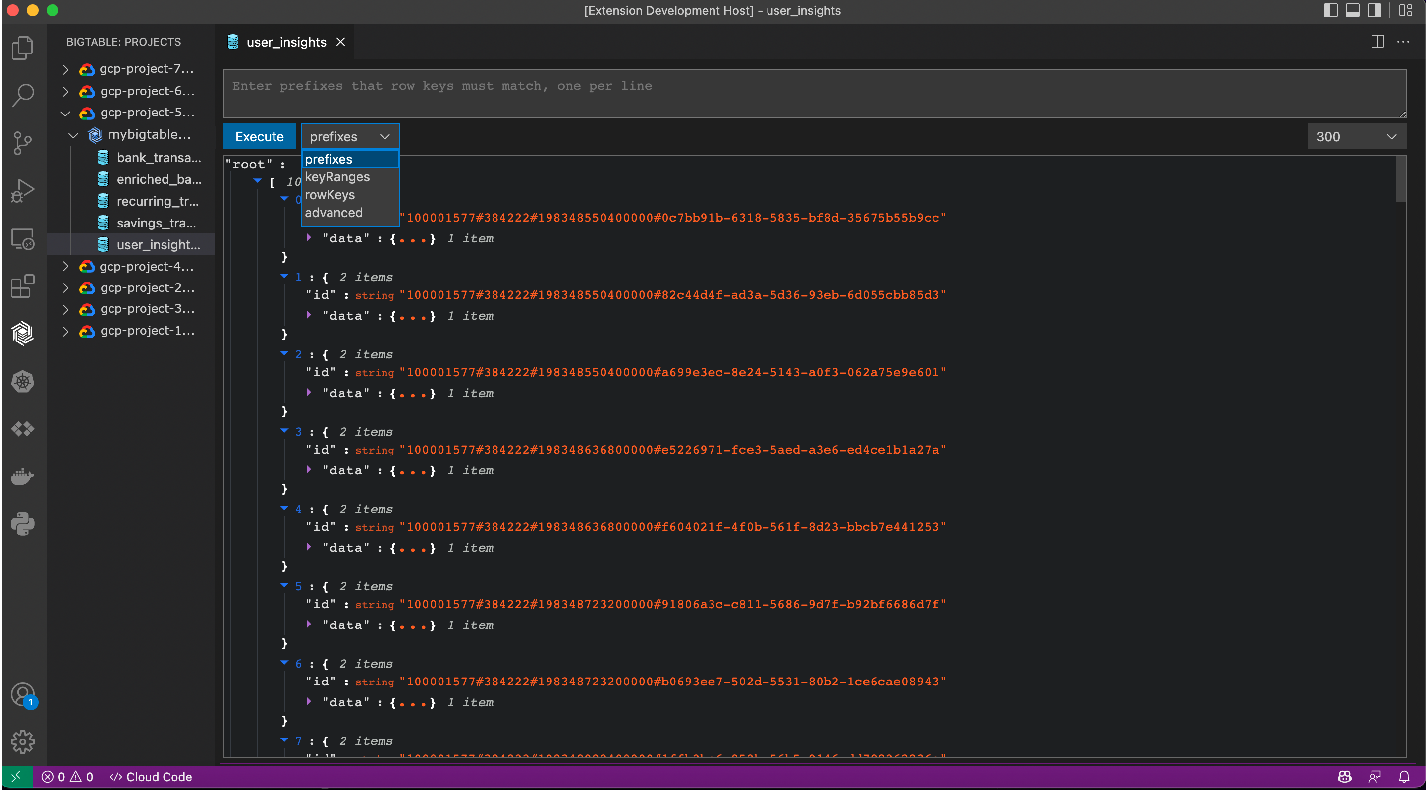Mídia 1 de Extensão VScode BigTable (GUI) - Um cliente da GUI para o Google BigTable como uma extensão do VSCODE