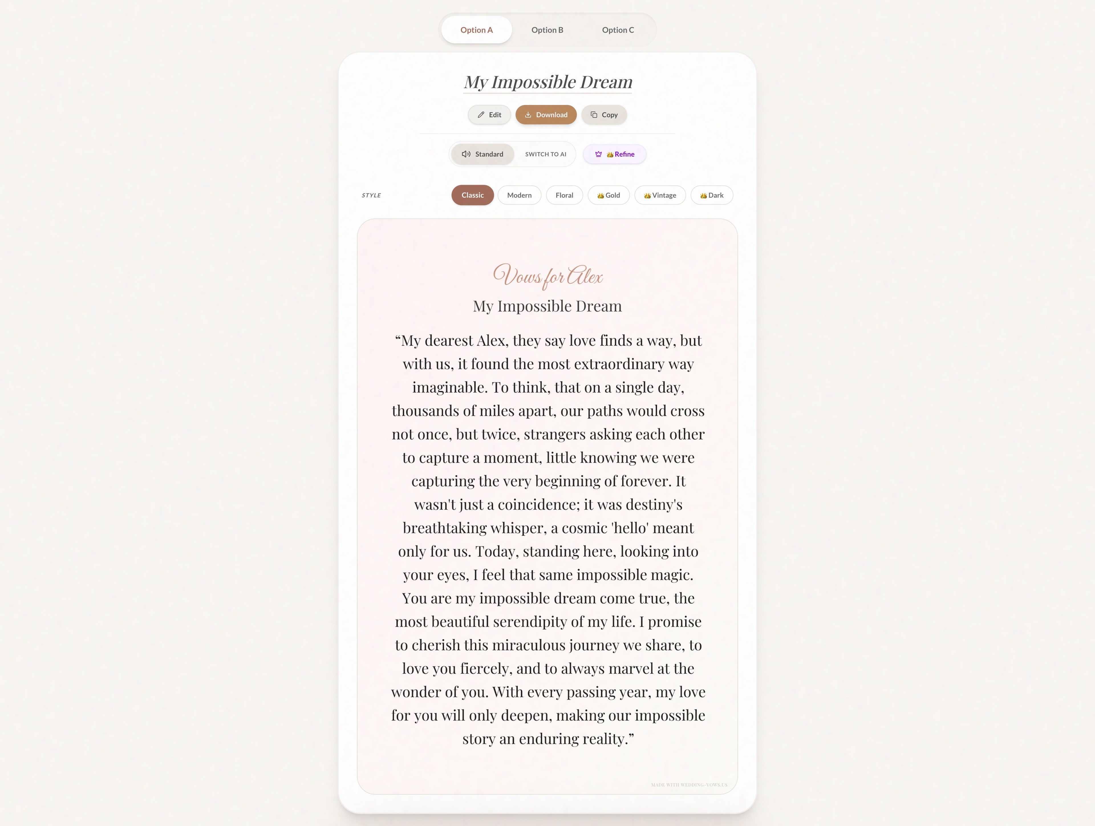 Wedding Vows AI - Screenshot 3 showing product features and functionality