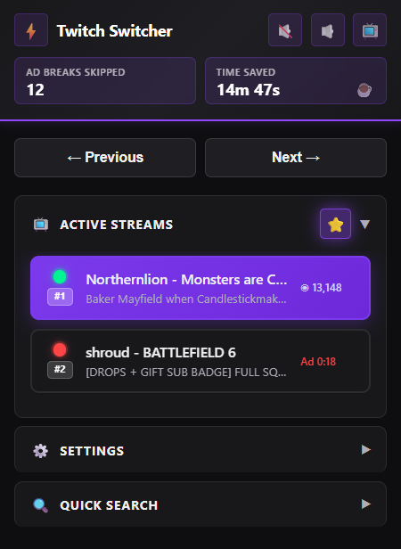Mídia 1 de Alternador Twitch - Extensão Twitch para alternar entre streams durante intervalos comerciais
