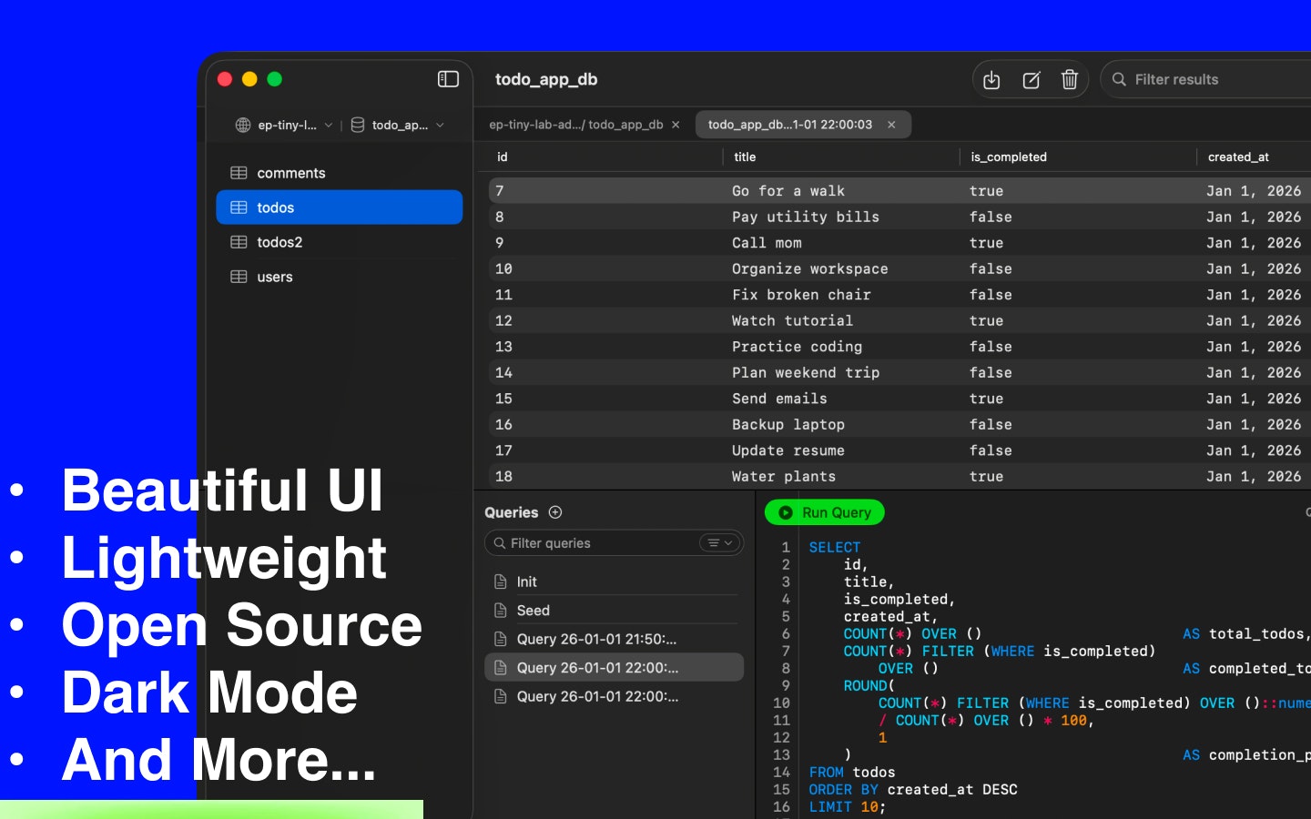 PostgresGUI - Main product screenshot demonstrating key features and user interface