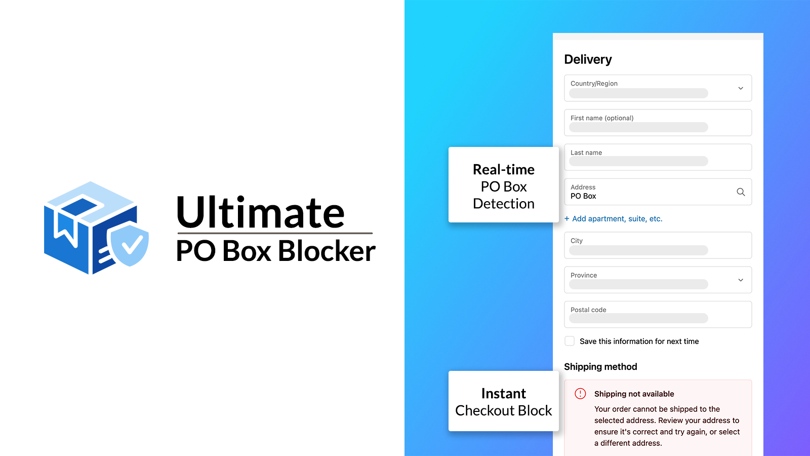 startuptile Ultimate PO Box Blocker for Shopify-Block PO Box addresses in real-time at Shopify checkout