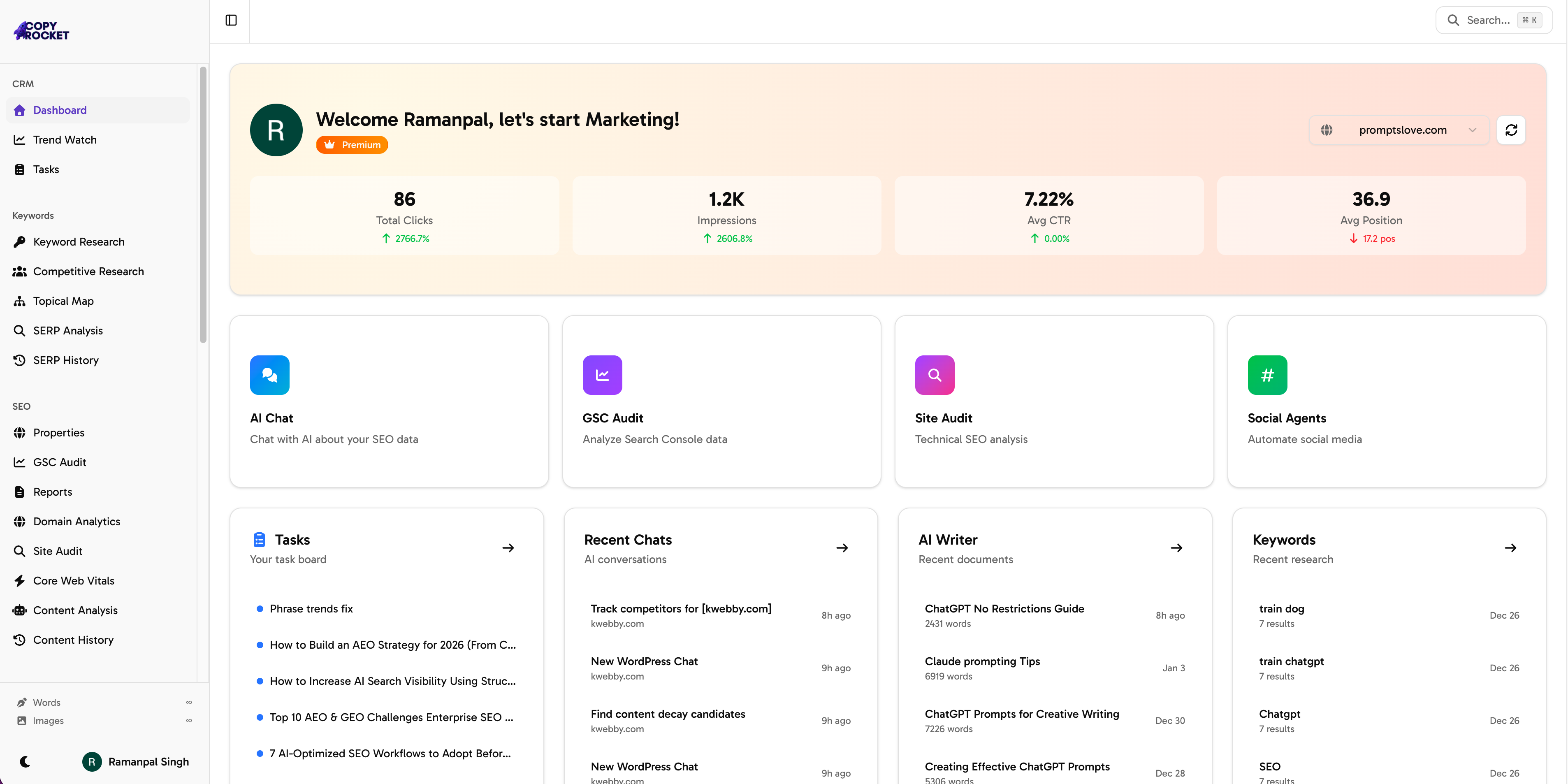 CopyRocket AI - SEO with AI Agents - Main product screenshot demonstrating key features and user interface