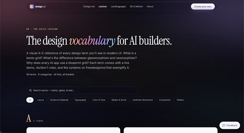 Free DESIGN.md library + UX / UI Lexicon screenshot 1