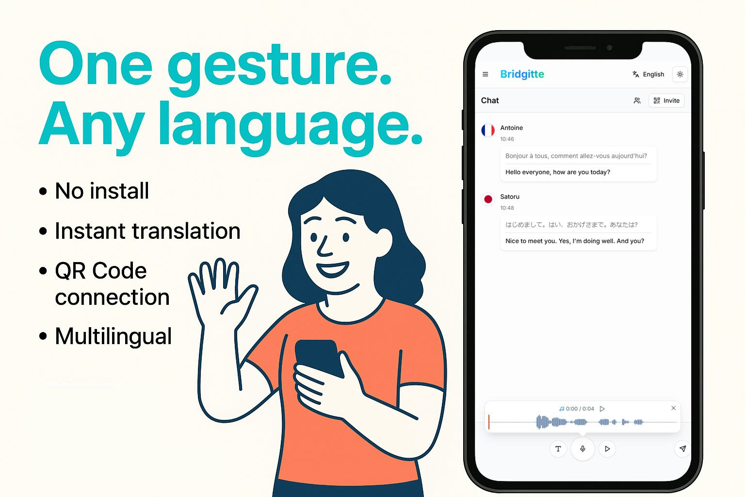Mídia 1 de Bridgitte - um link ou qr, qualquer idioma - Fale o seu caminho - é traduzido instantaneamente