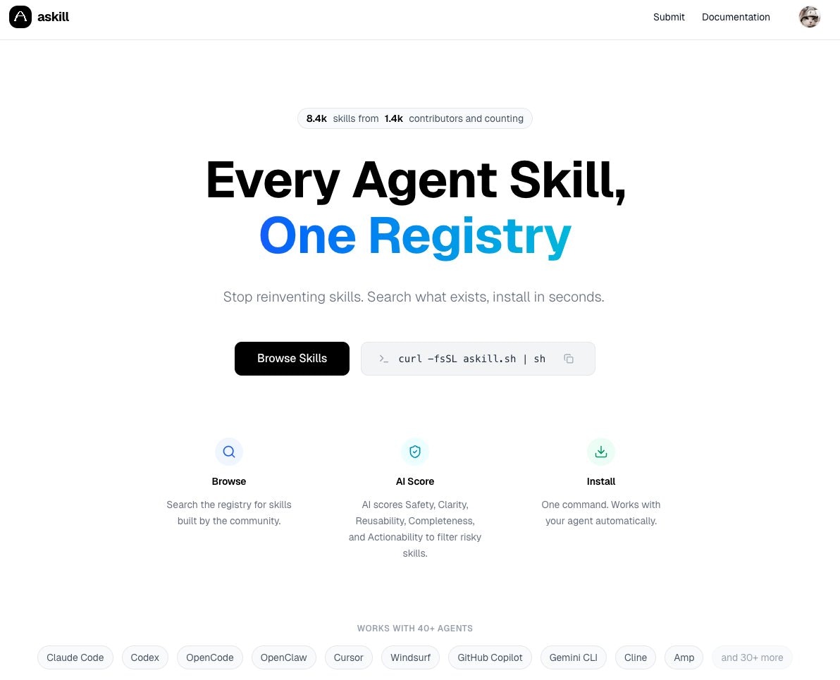 askill.sh - Main product screenshot demonstrating key features and user interface
