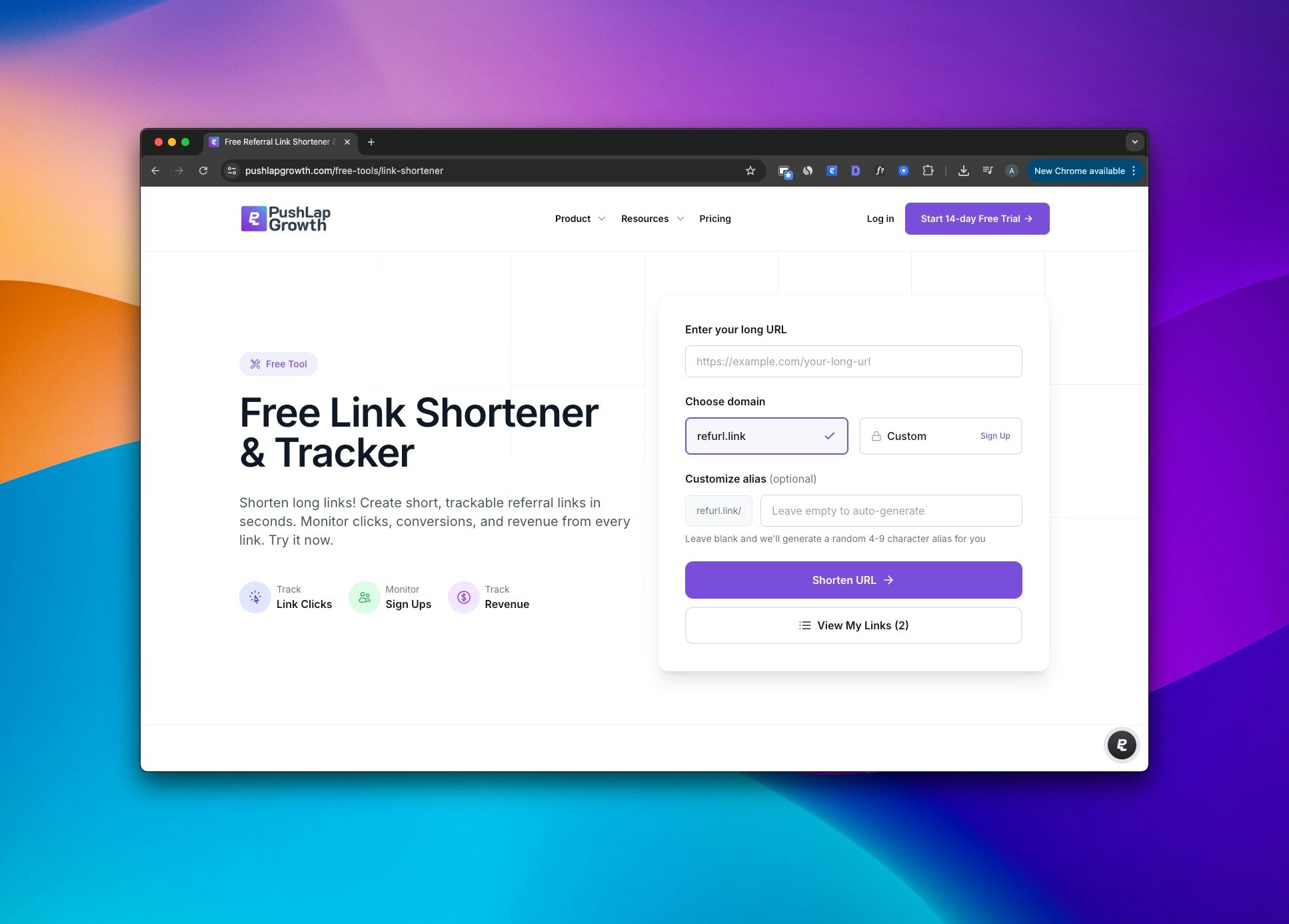 Push Lap Growth - Free Link Shortener - Main screenshot showing features and interface