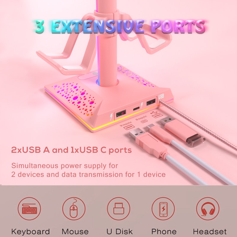 หูฟัง VCOM RGB ยืนด้วยฮับ - หูฟัง RGB พร้อม USBHub สำหรับโต๊ะทำงานที่มีสไตล์ media 4