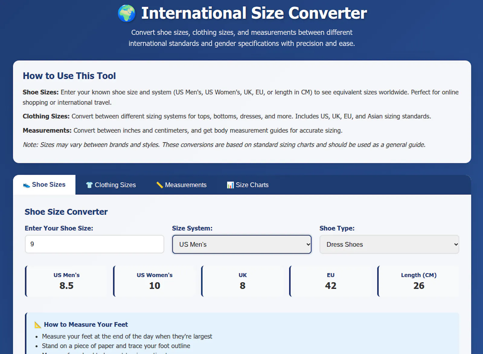 FreeWWW International Size Converter screenshot 1
