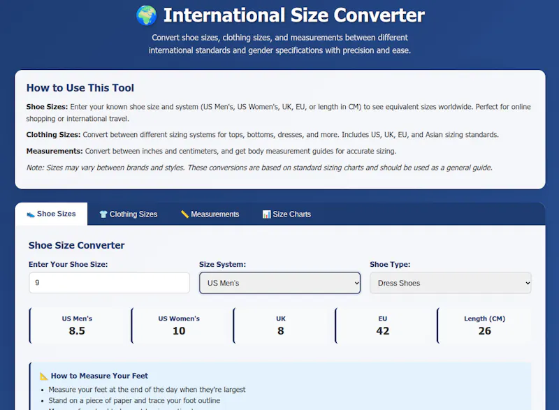 FreeWWW International Size Converter screenshot 1