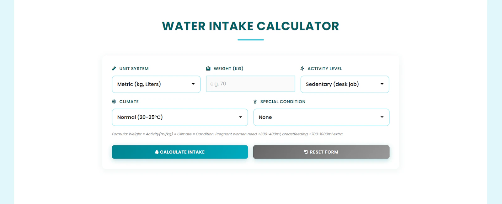 Water Intake Calculator | Ease Tools screenshot 1