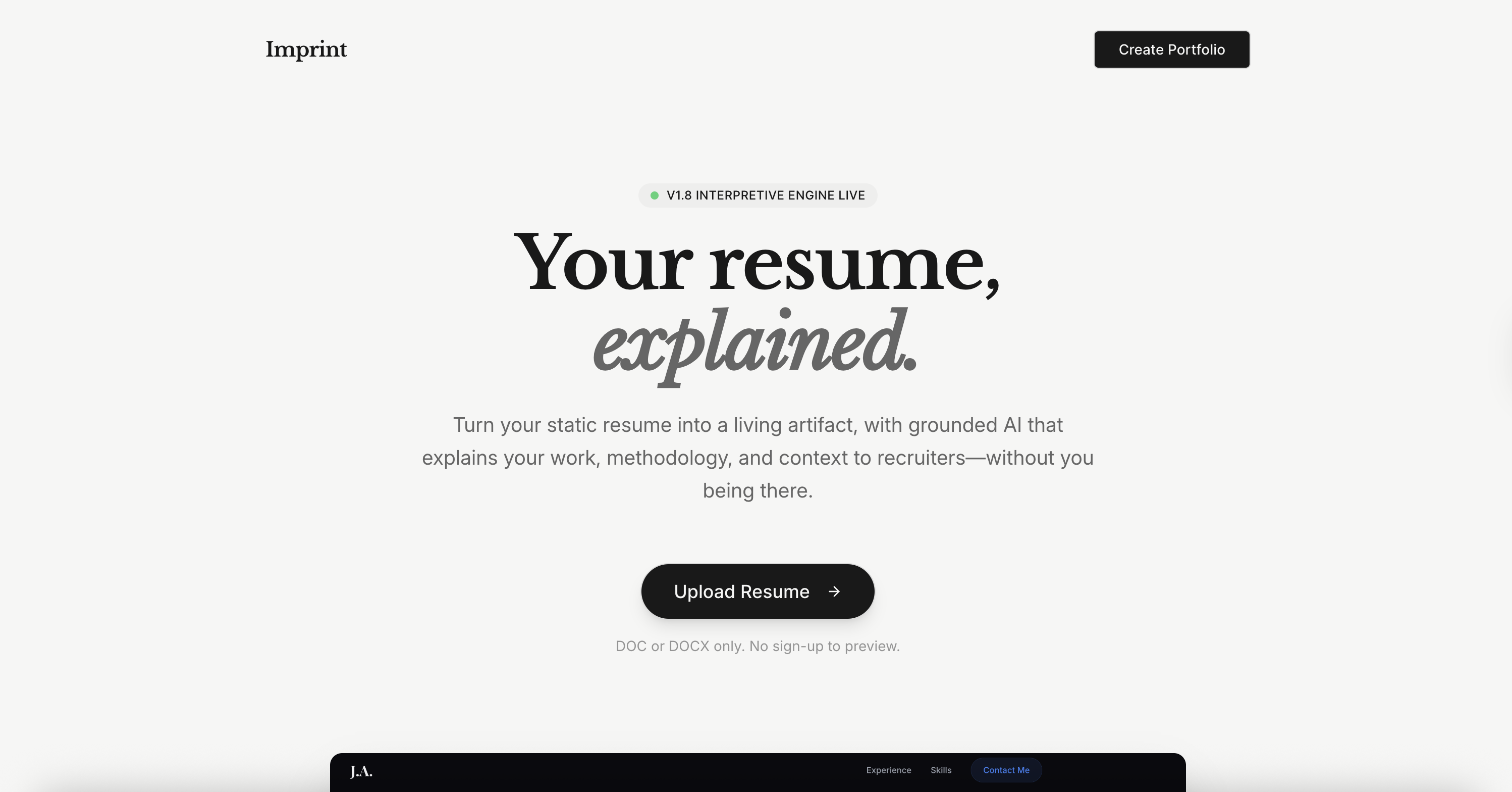 Imprint — A living resume with AI gallery image