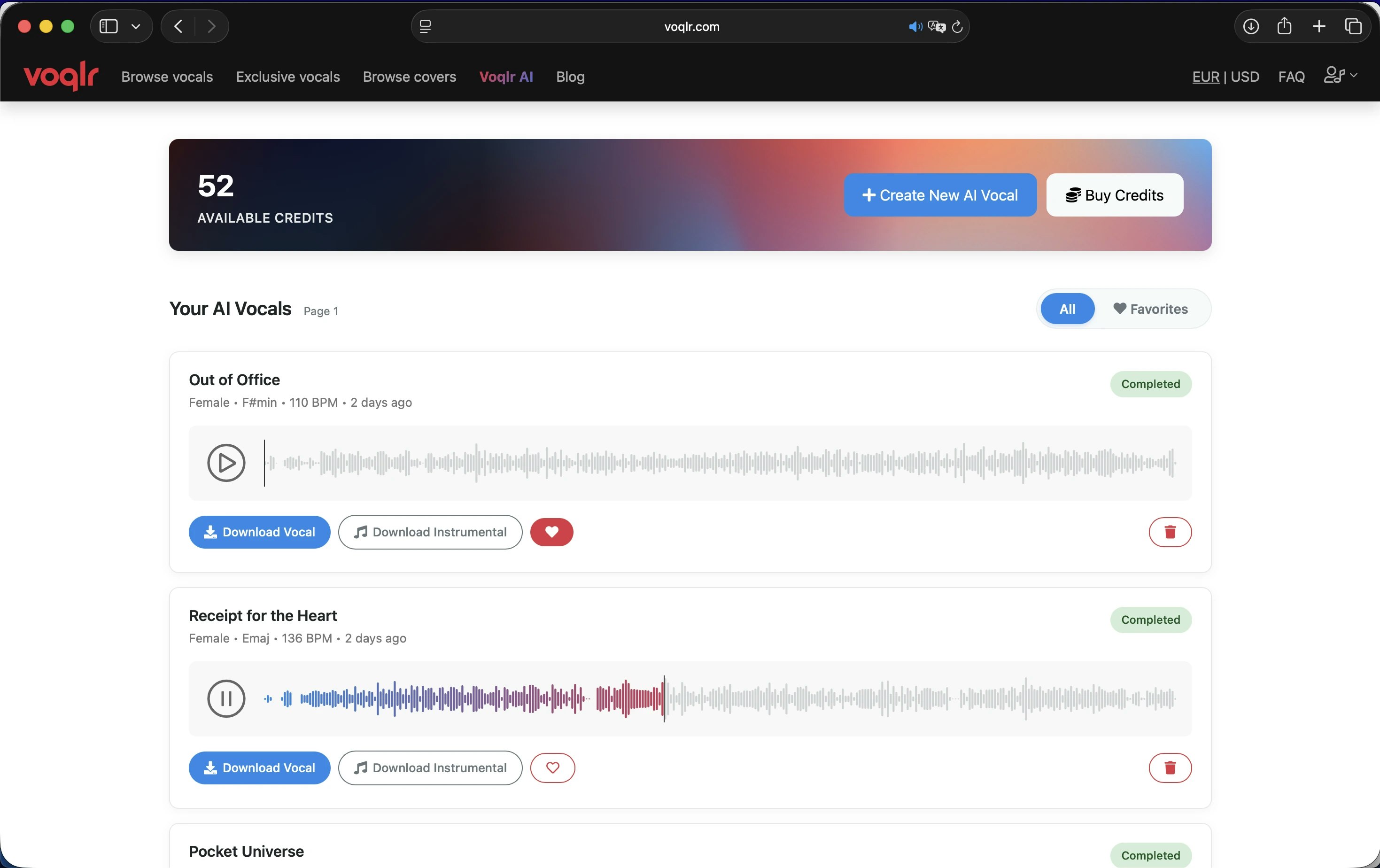 Voqlr AI Vocal Generator - Main product screenshot demonstrating key features and user interface