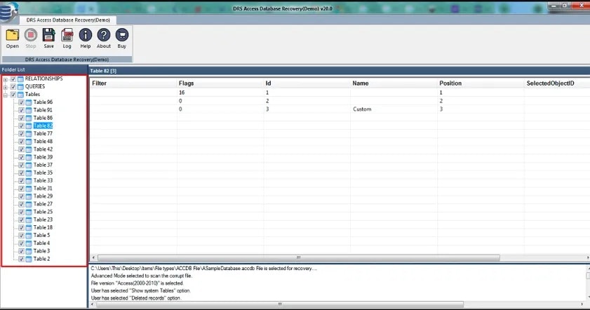 DRS Softech MS Access Recovery Tool - Screenshot 2 showing product features and functionality