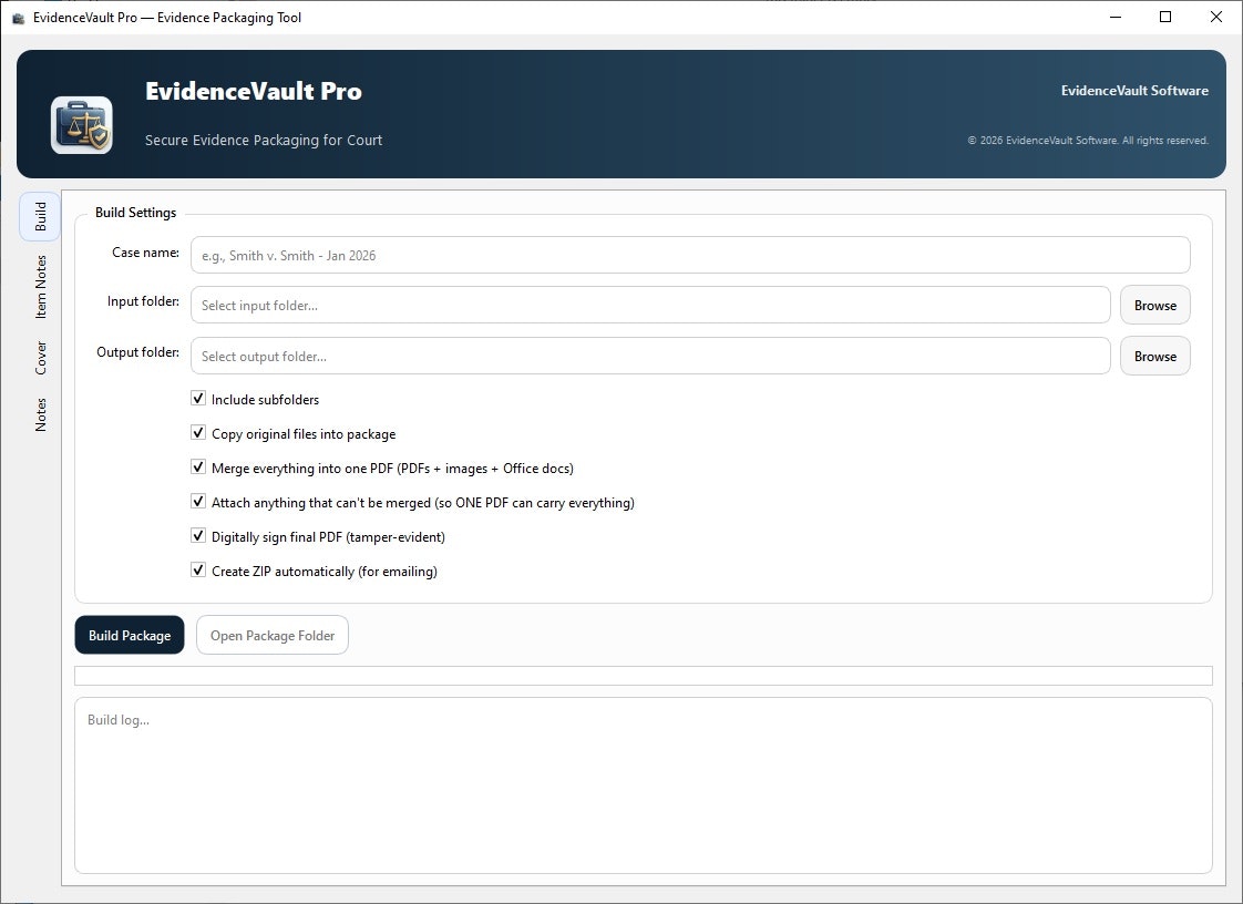 EvidenceVault Pro - Main product screenshot demonstrating key features and user interface