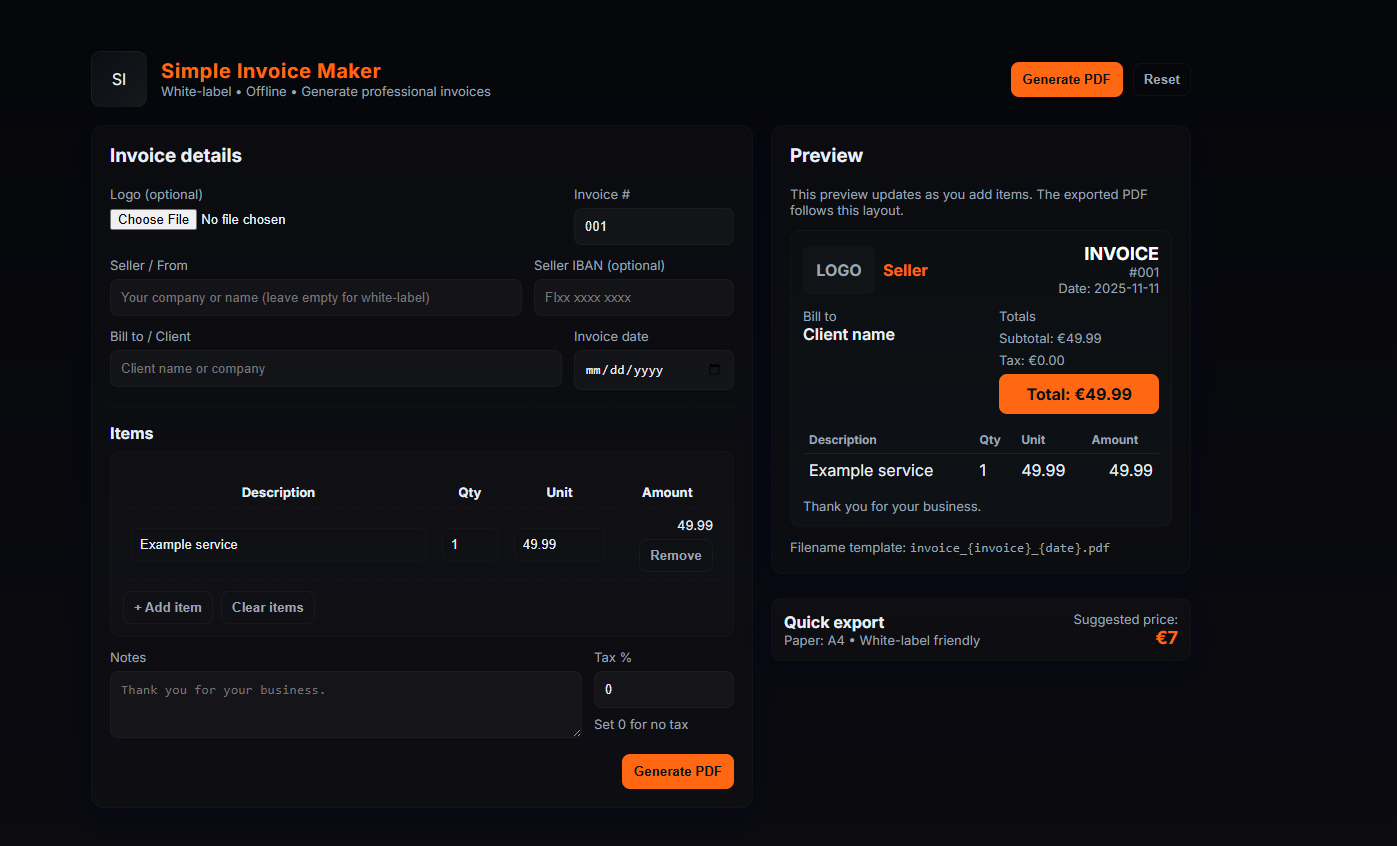 Freelancer Invoice Generator - Main screenshot showing features and interface
